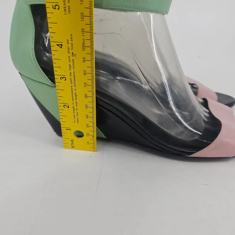 Pierre Hardy Leather Colorblock Wedge Sandal Shoe Green Pink Black EU 40 US 9.5